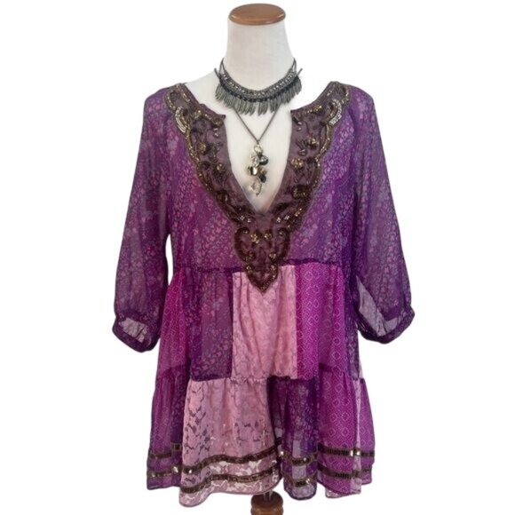 VTG Free People Purple Patchwork Chiffon Top | Boho Grunge Fairy Whimsigoth Y2K - Picture 2 of 16